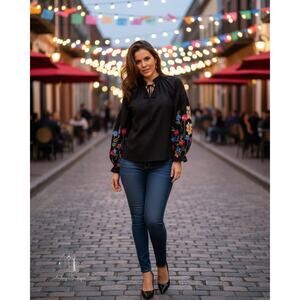 Boutique Floral Embroidered Puff Sleeve Ruffle Neck Festive Black Top Medium